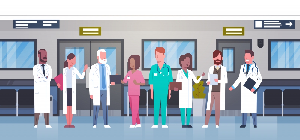 Brightly coloured cartoon hospital staff