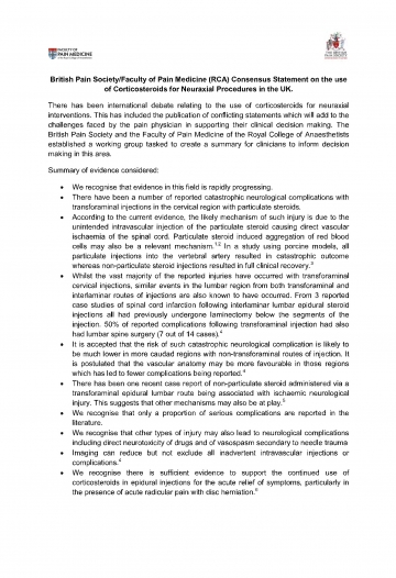 Cover image of joint FPM/BPS statement on corticosteroids for neuraxial procedures