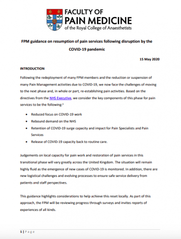 Cover image for guidance on resuming pain services following disruption by COVID