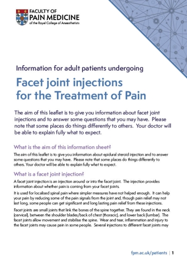 Cover image of patient information leaflet for facet joint injections